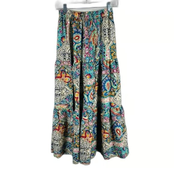 Boho Tiered Maxi Skirt Multicolor Paisley Print Elastic Waist, Size S - Picture 1 of 4